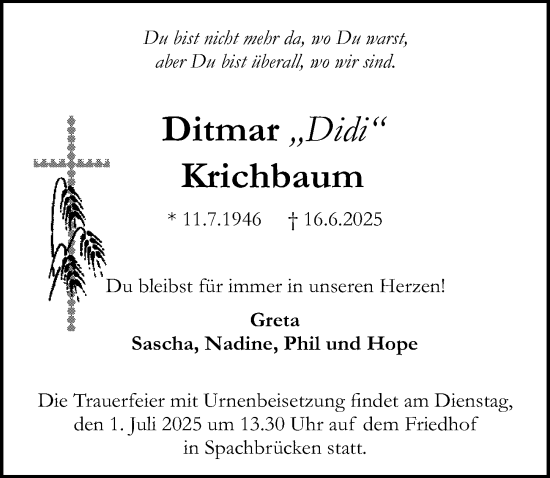 Traueranzeige von Ditmar Krichbaum von Darmstädter Echo