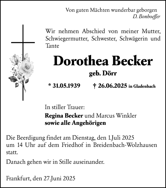 Traueranzeige von Dorothea Becker von Hinterländer Anzeiger