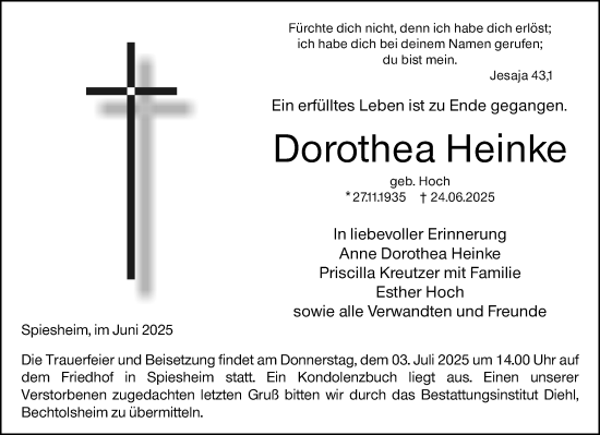 Traueranzeige von Dorothea Heinke von Allgemeine Zeitung Alzey