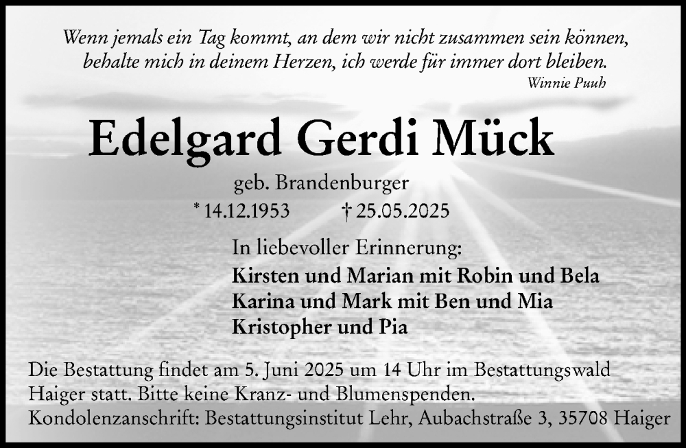  Traueranzeige für Edelgard Gerdi Mück vom 02.06.2025 aus Dill Block