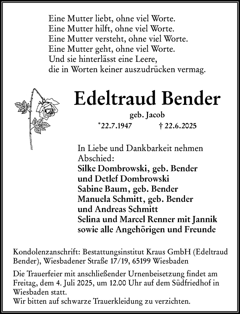  Traueranzeige für Edeltraud Bender vom 28.06.2025 aus Wiesbadener Kurier