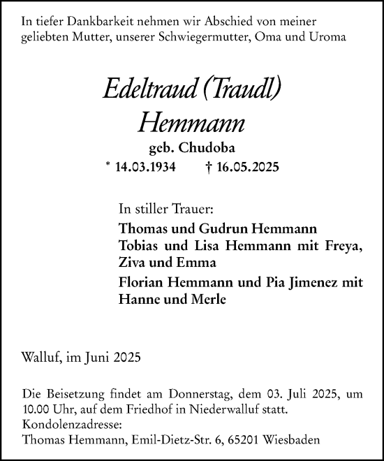 Traueranzeige von Edeltraud Hemmann von Wiesbadener Kurier