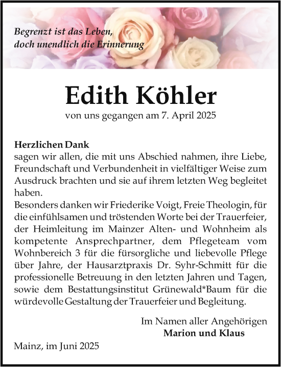 Traueranzeige von Edith Köhler von Allgemeine Zeitung Mainz