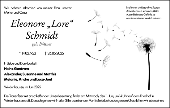 Traueranzeige von Eleonore Schmidt von Hinterländer Anzeiger