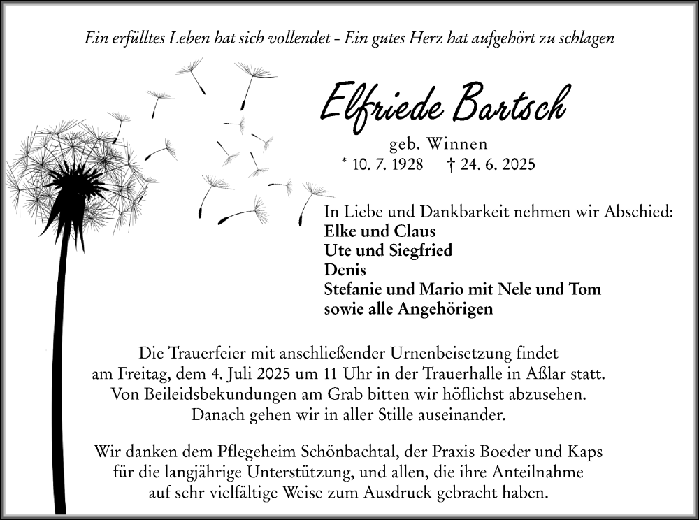  Traueranzeige für Elfriede Bartsch vom 28.06.2025 aus Wetzlarer Neue Zeitung