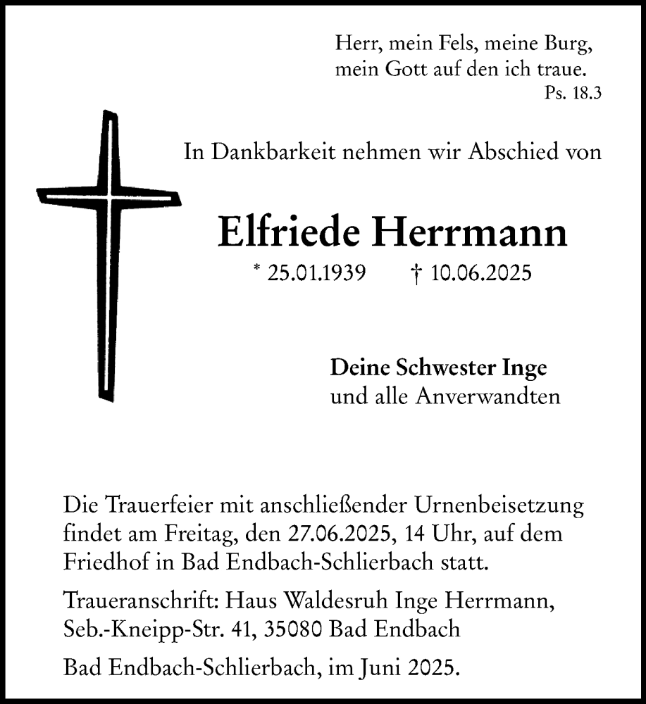  Traueranzeige für Elfriede Herrmann vom 26.06.2025 aus Hinterländer Anzeiger