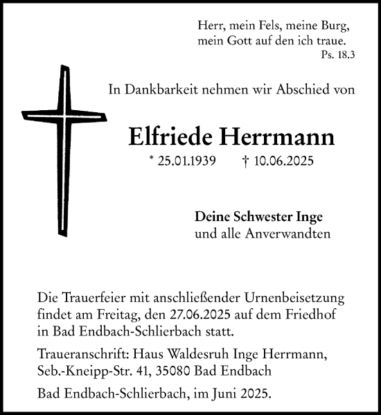 Traueranzeige von Elfriede Herrmann von Hinterländer Anzeiger