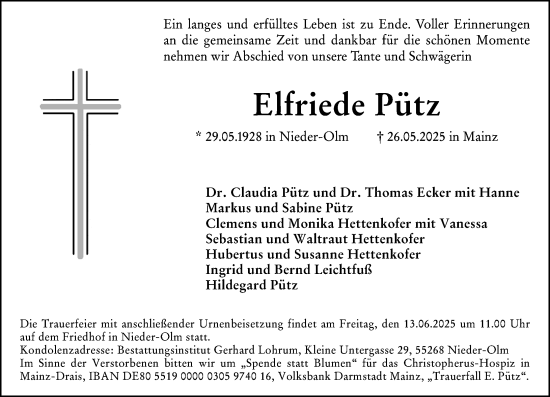 Traueranzeige von Elfriede Pütz von Allgemeine Zeitung Mainz