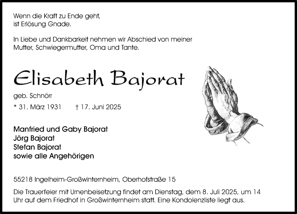  Traueranzeige für Elisabeth Bajorat vom 28.06.2025 aus Allgemeine Zeitung Rheinhessen-Nahe