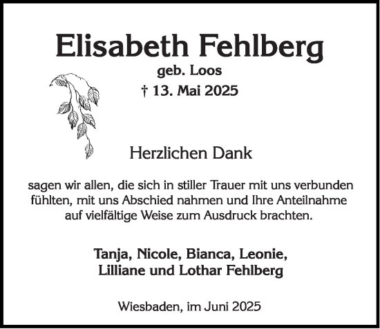 Traueranzeige von Elisabeth Fehlberg von Wiesbadener Kurier