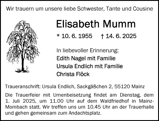 Traueranzeige von Elisabeth Mumm von Allgemeine Zeitung Mainz