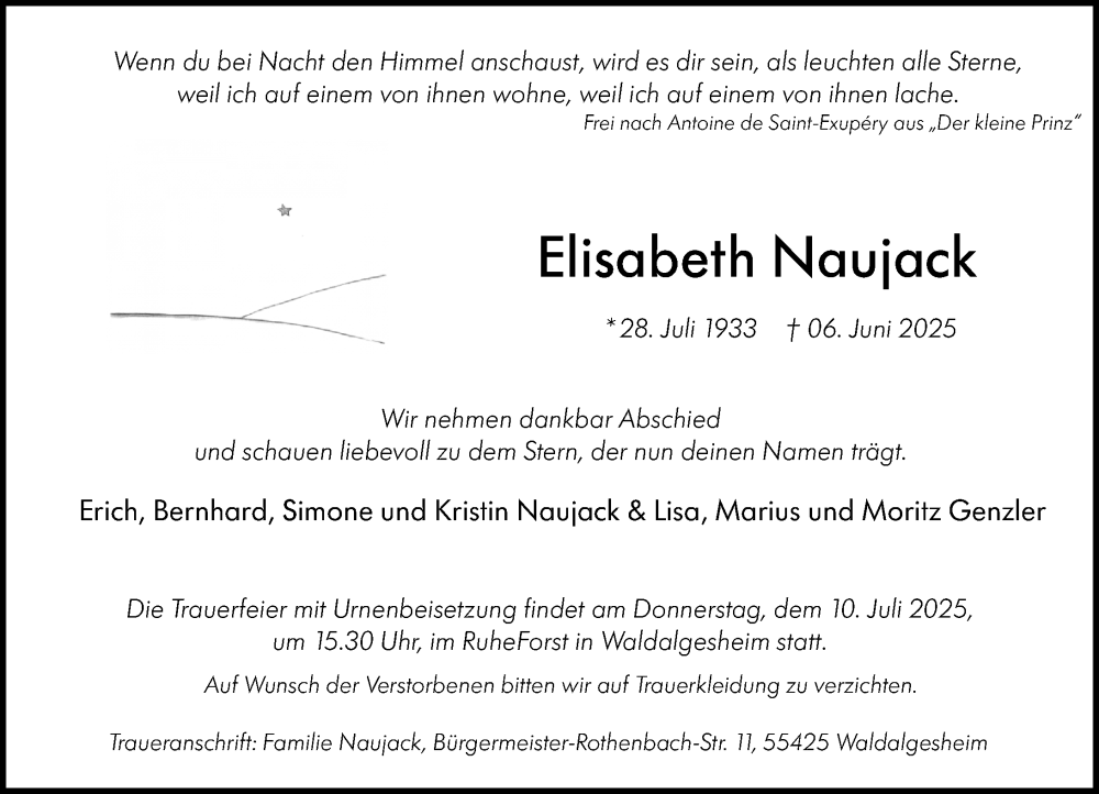  Traueranzeige für Elisabeth Naujack vom 21.06.2025 aus Binger-/Ingelheimer Wochenblatt
