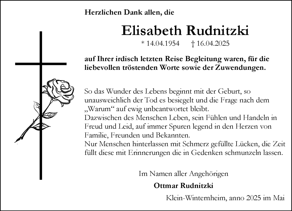  Traueranzeige für Elisabeth Rudnitzki vom 07.06.2025 aus Allgemeine Zeitung Mainz
