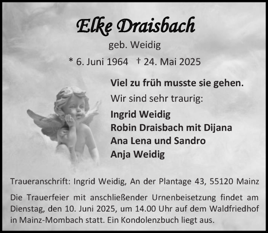 Traueranzeige von Elke Draisbach von Allgemeine Zeitung Mainz