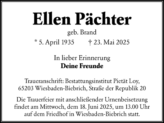 Traueranzeige von Ellen Pächter von Wiesbadener Kurier