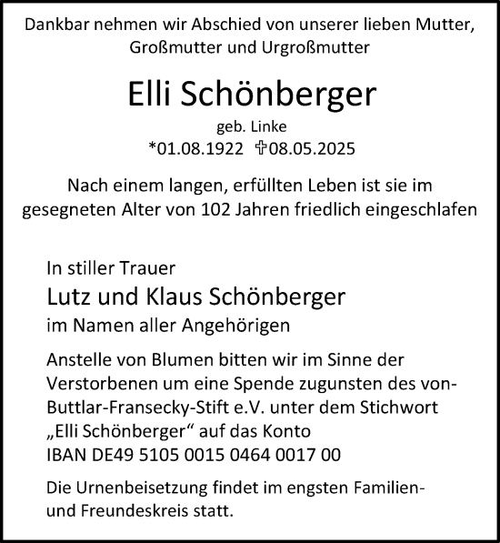 Traueranzeige von Elli Schönberger von Rheingau Kurier