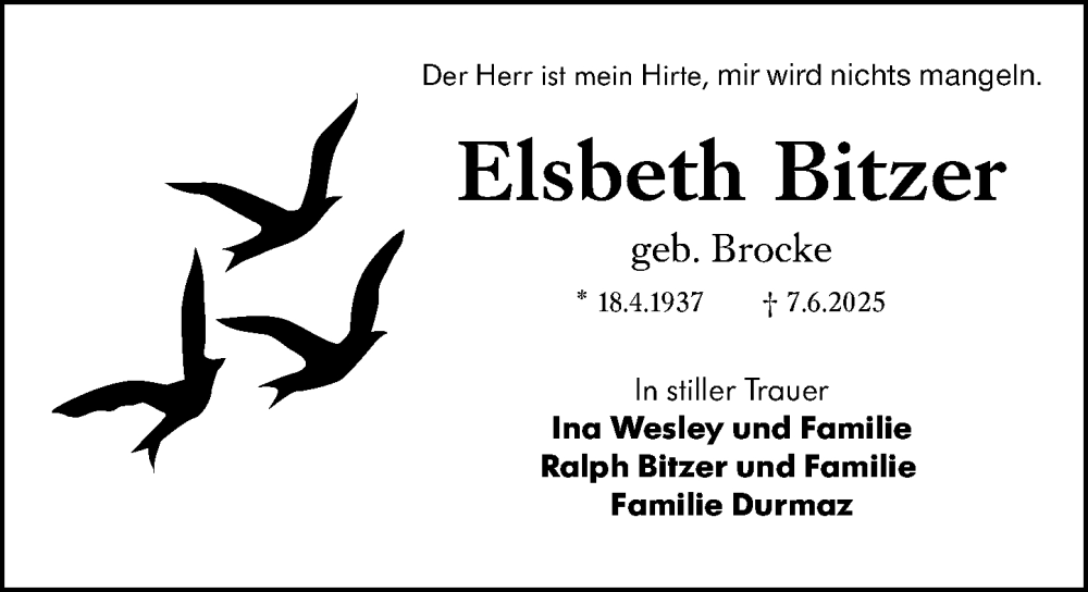  Traueranzeige für Elsbeth Bitzer vom 28.06.2025 aus Wiesbadener Kurier