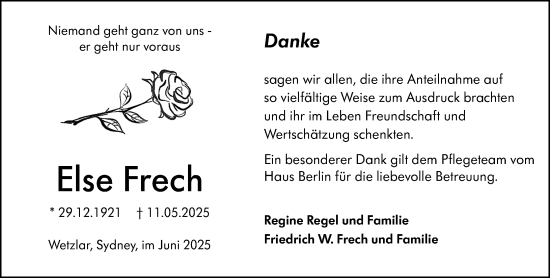 Traueranzeige von Else Frech von Wetzlarer Neue Zeitung