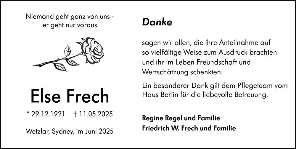  Traueranzeige für Else Frech vom 14.06.2025 aus Wetzlarer Neue Zeitung