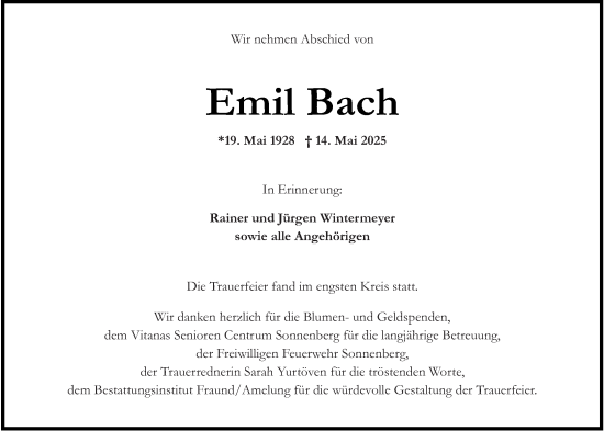 Traueranzeige von Emil Bach von Wiesbadener Kurier