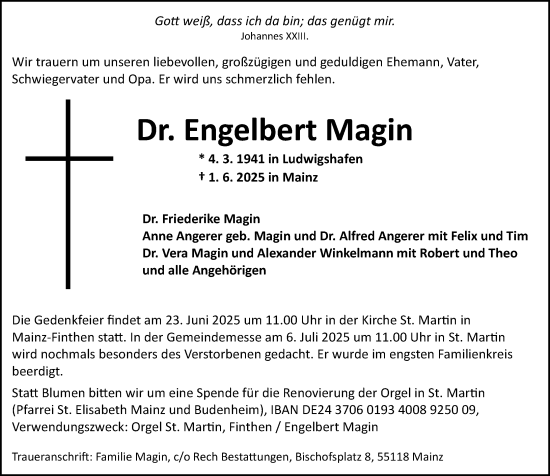 Traueranzeige von Engelbert Magin von Allgemeine Zeitung Mainz