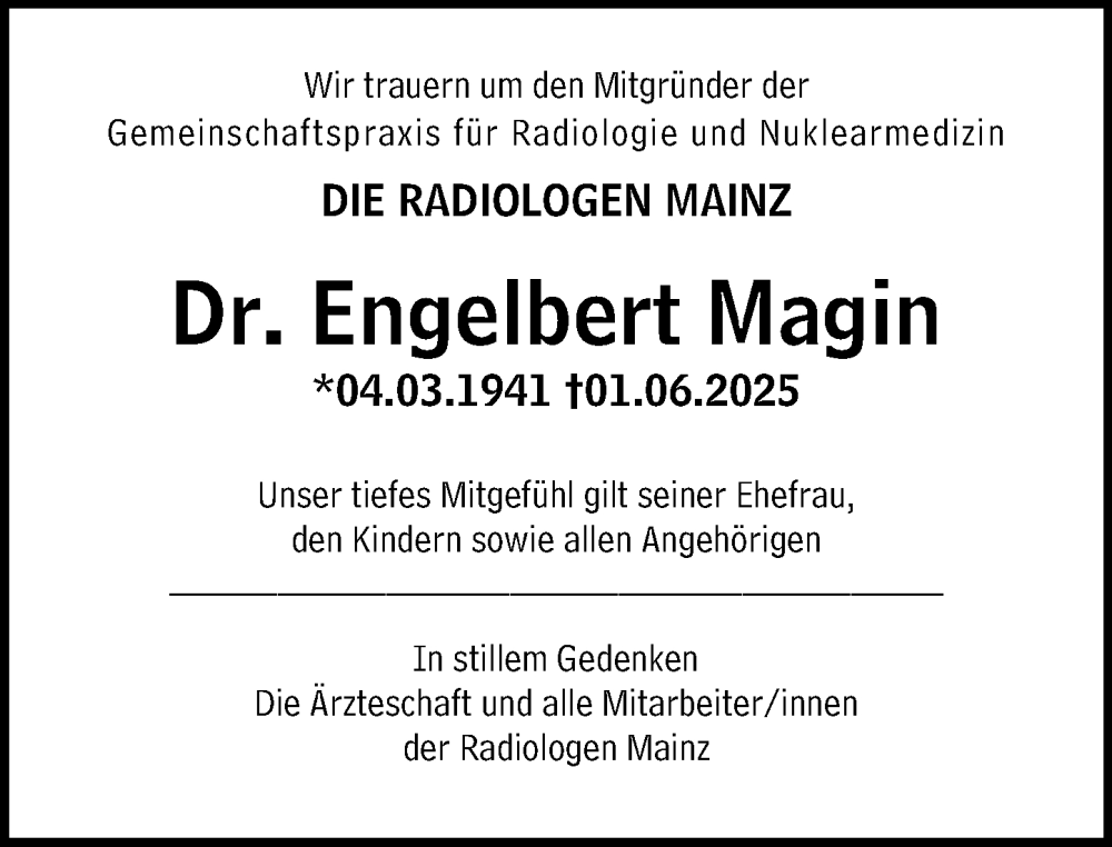  Traueranzeige für Engelbert Magin vom 21.06.2025 aus Allgemeine Zeitung Mainz