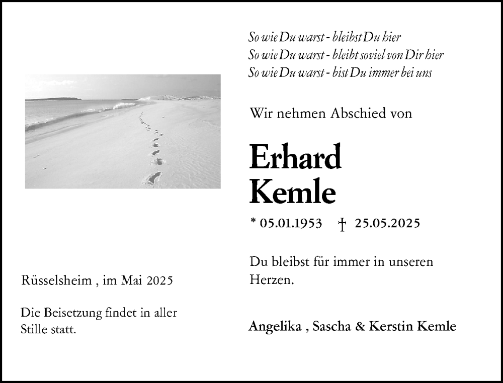  Traueranzeige für Erhard Kemle vom 07.06.2025 aus Rüsselsheimer Echo