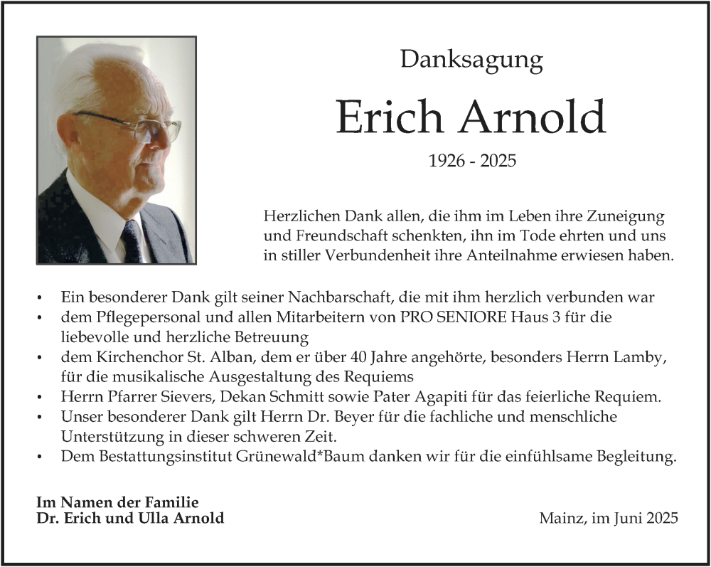 Traueranzeige für Erich Arnold vom 28.06.2025 aus Allgemeine Zeitung Mainz
