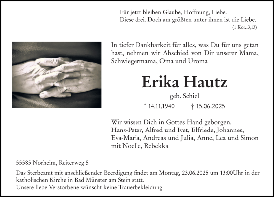 Traueranzeige von Erika Hautz von Allgemeine Zeitung Rheinhessen-Nahe