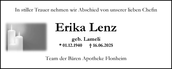 Traueranzeige von Erika Lenz von Allgemeine Zeitung Alzey