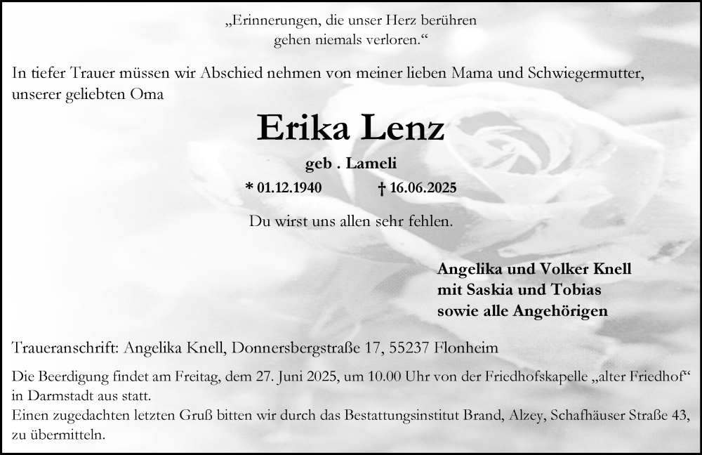  Traueranzeige für Erika Lenz vom 21.06.2025 aus Allgemeine Zeitung Alzey
