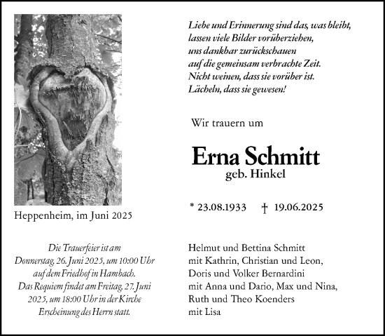 Traueranzeige von Erna Schmitt von Starkenburger Echo