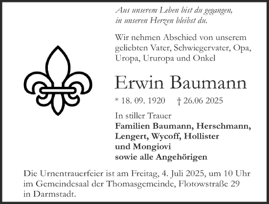 Traueranzeige von Erwin Baumann von Darmstädter Echo