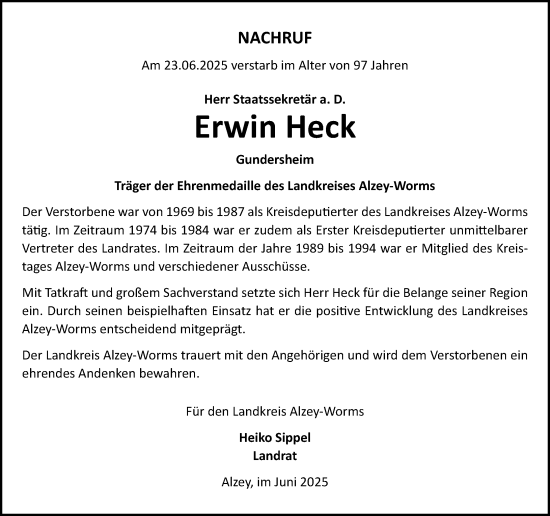 Traueranzeige von Erwin Heck von Allgemeine Zeitung Alzey