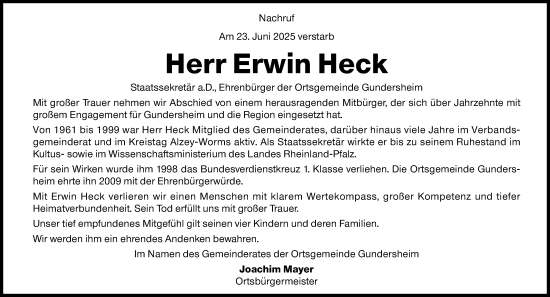 Traueranzeige von Erwin Heck von Allgemeine Zeitung Alzey