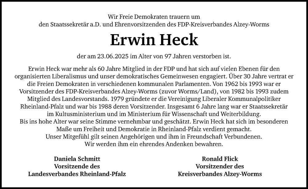  Traueranzeige für Erwin Heck vom 28.06.2025 aus Allgemeine Zeitung Alzey