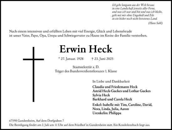 Traueranzeige von Erwin Heck von Allgemeine Zeitung Alzey