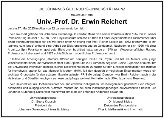 Traueranzeige von Erwin Wilhelm Reichert von Allgemeine Zeitung Mainz