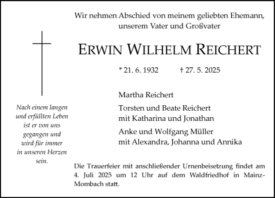 Traueranzeige von Erwin Wilhelm Reichert von Allgemeine Zeitung Mainz