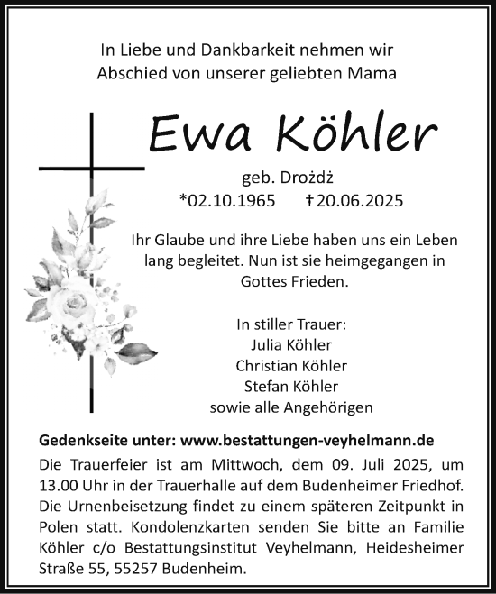 Traueranzeige von Ewa Köhler von Allgemeine Zeitung Mainz