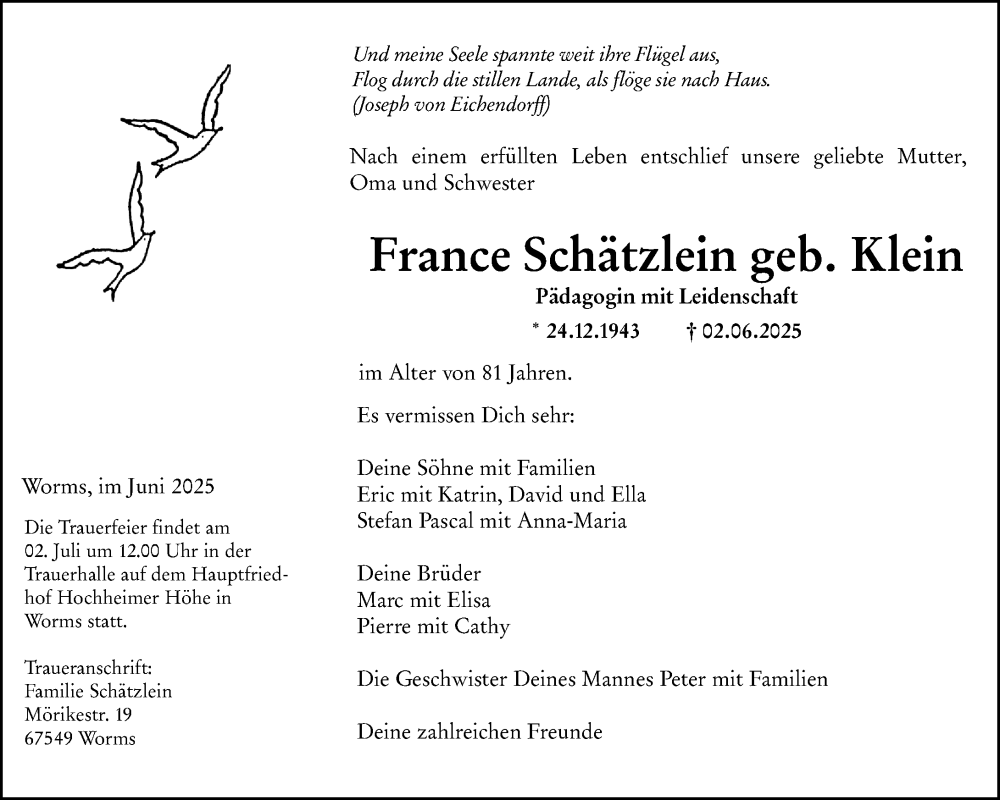  Traueranzeige für France Schätzlein vom 21.06.2025 aus Wormser Zeitung