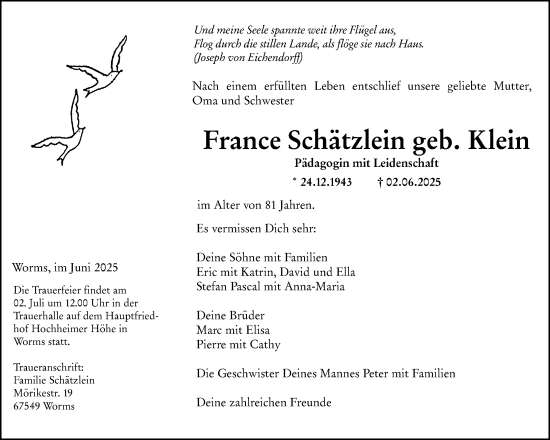 Traueranzeige von France Schätzlein von Wormser Zeitung