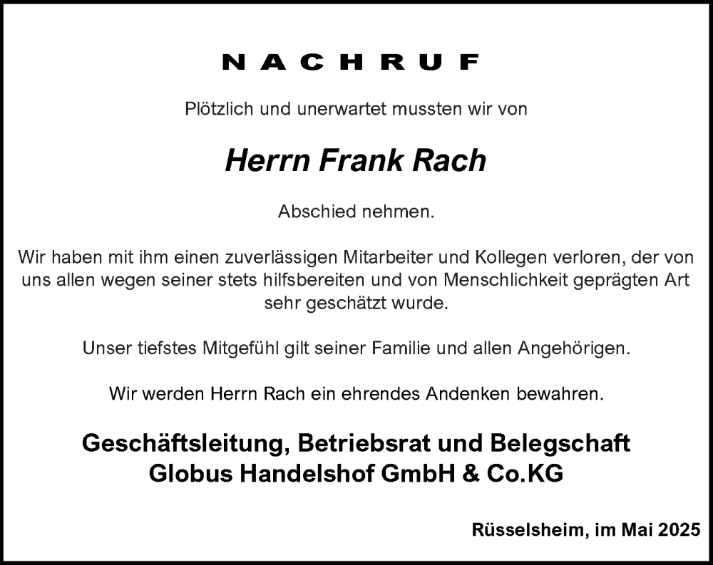  Traueranzeige für Frank Rach vom 06.06.2025 aus Rüsselsheimer Echo