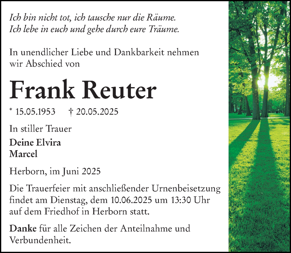  Traueranzeige für Frank Reuter vom 05.06.2025 aus Dill Block