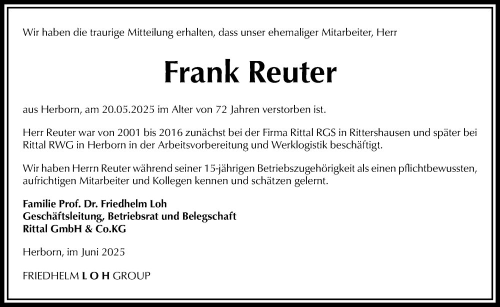  Traueranzeige für Frank Reuter vom 13.06.2025 aus Dill Block