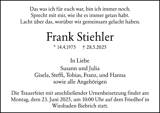 Traueranzeige von Frank Stiehler von Wiesbadener Kurier