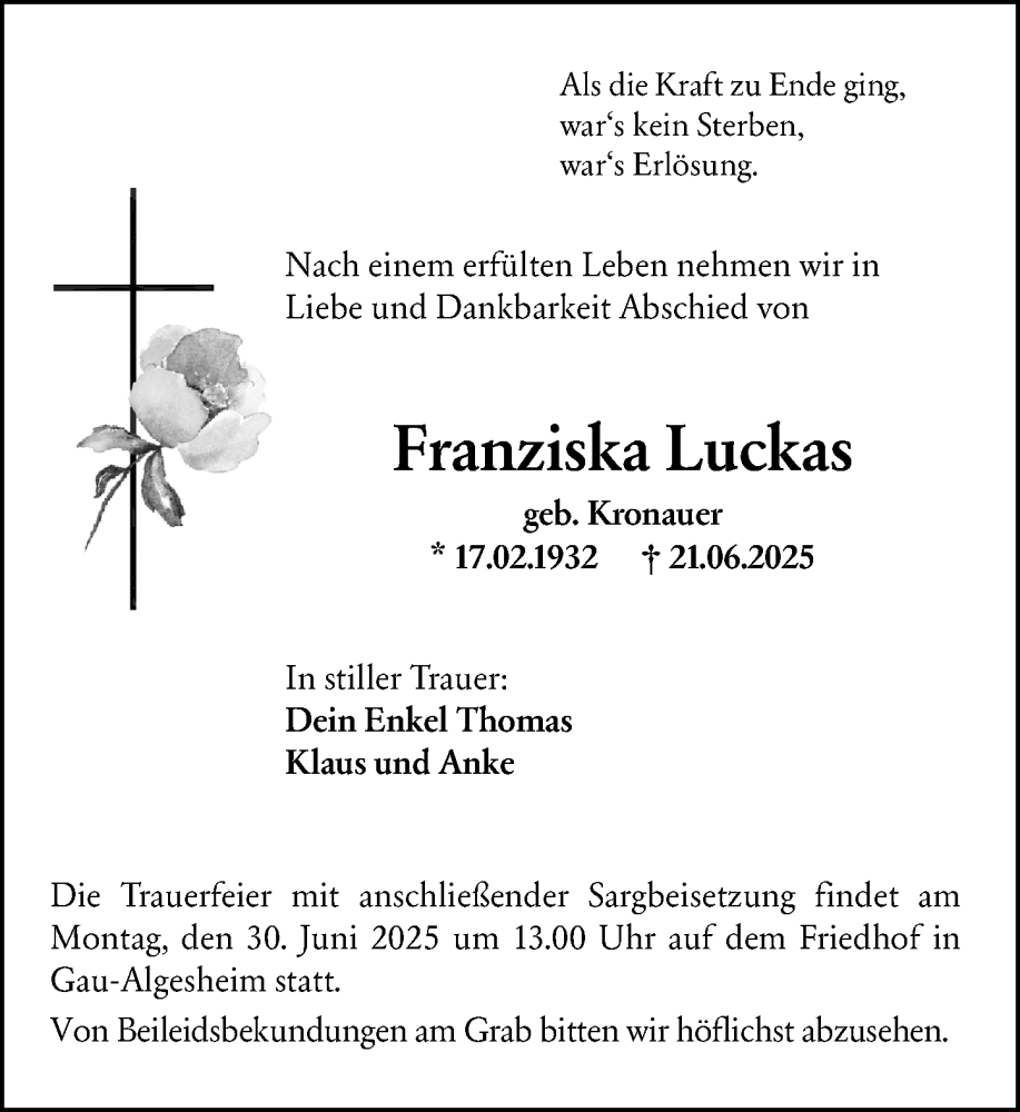  Traueranzeige für Franziska Luckas vom 28.06.2025 aus Allgemeine Zeitung Rheinhessen-Nahe