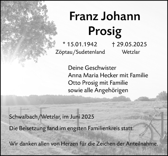 Traueranzeige von Franz Johann Prosig von Wetzlarer Neue Zeitung