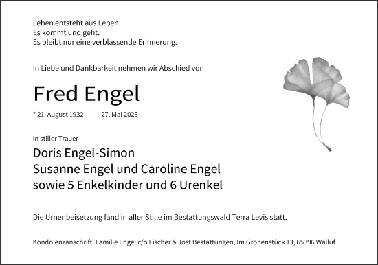 Traueranzeige von Fred Engel von Wiesbadener Kurier