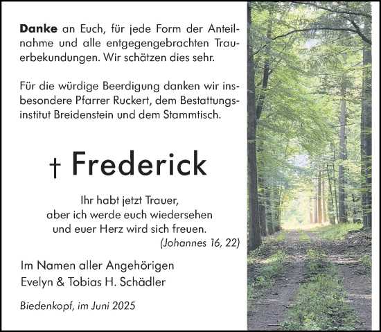 Traueranzeige von Frederick  von Hinterländer Anzeiger